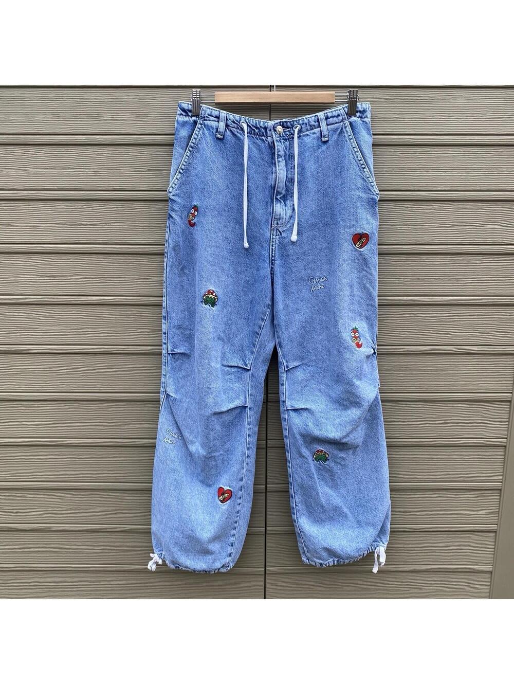 BERSHKA Parachute Blue Women’s Embroidered Jeans Denim Pants Size Medium Turkey